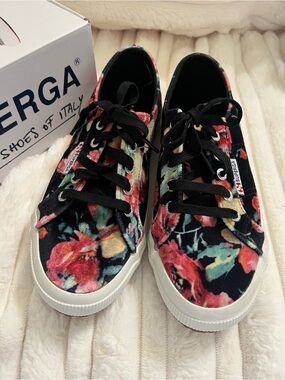Superga Black Floral Canvas Low-Top Sneakers